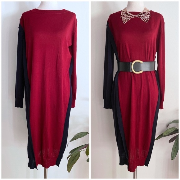 EUC MARNI Colorblock Red / Blue Virgin Wool Button Detail Sweater Tunic Dress S﻿ - Picture 1 of 11